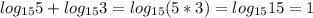 log_{15} 5+ log_{15} 3= log_{15} (5*3)= log_{15} 15=1