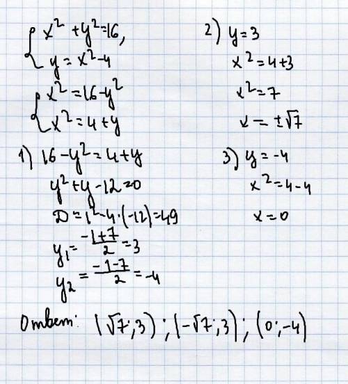 Решите систему уравнений подстановки: х²+у²=16, у=х²-4 подробнее