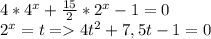 4*4^{x} + \frac{15}{2} *2^{x}-1 = 0 \\ 2^{x}=t = 4t^{2}+7,5t-1=0