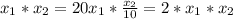 x_{1} * x_{2} =20 x_{1} * \frac{ x_{2} }{10} =2* x_{1}* x_{2}