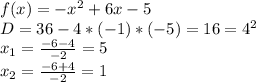 f(x)=-x^{2}+6x-5 \\&#10;D=36-4*(-1)*(-5)=16=4^{2} \\&#10;x_{1}= \frac{-6-4}{-2}=5 \\&#10;x_{2}= \frac{-6+4}{-2}=1 \\