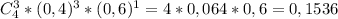 C_{4}^{3}*(0,4)^3*(0,6)^1=4*0,064*0,6 =0,1536