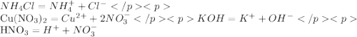 NH_{4}Cl = NH_{4} ^{+} + Cl^{-} &#10;&#10;Cu(NO_{3})_{2} = Cu^{2+} + 2NO_{3}^{-} &#10;KOH = K^{+} + OH^{-} &#10;&#10;HNO_{3} = H^{+} + NO_{3}^{-}