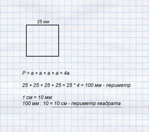 Начерти квадрат с длиной стороны 25 мм. найди его периметр и вырази его в сантиметрах. 4 класс