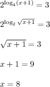 2^{\log_4(x+1)} =3\\\\2^{\log_2 \sqrt{x+1}} =3\\\\ \sqrt{x+1} =3\\\\x+1=9\\\\x=8