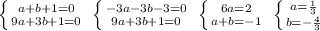 \left \{ {{a+b+1=0} \atop {9a+3b+1=0}} \right. \; \left \{ {{-3a-3b-3=0} \atop {9a+3b+1=0}} \right. \; \left \{ {{6a=2} \atop {a+b=-1}} \right. \; \left \{ {{a=\frac{1}{3}} \atop {b=-\frac{4}{3}}} \right.