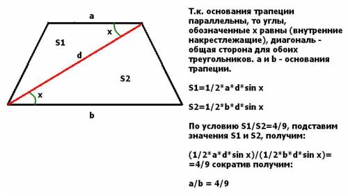 Площади треугольников на которые диагональ делит трапецию относятся как 4: 9 как относятся основания