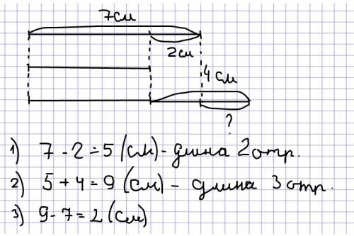 Ваня начертил три отрезка. первый длиной 7см, второй на 2 см короче первого, а третий на 4 см длинне