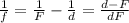 \frac{1}{f} = \frac{1}{F} -\frac{1}{d}= \frac{d-F}{dF}