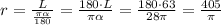 r=\frac L{\frac{\pi\alpha}{180}}=\frac{180\cdot L}{\pi\alpha}=\frac{180\cdot63}{28\pi}=\frac{405}{\pi}