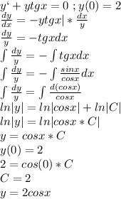 y`+ytgx=0\ ;y(0)=2\\\frac{dy}{dx}=-ytgx|*\frac{dx}{y}\\\frac{dy}{y}=-tgxdx\\\int\frac{dy}{y}=-\int tgxdx\\\int\frac{dy}{y}=-\int \frac{sinx}{cosx}dx\\\int\frac{dy}{y}=\int \frac{d(cosx)}{cosx}\\ln|y|=ln|cosx|+ln|C|\\ln|y|=ln|cosx*C|\\y=cosx*C\\y(0)=2\\2=cos(0)*C\\C=2\\y=2cosx