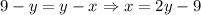 9-y=y-x\Rightarrow x=2y-9