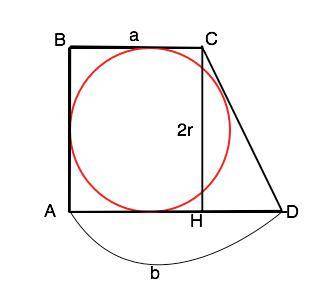 Найти площадь круга, вписанного в прямоугольную трапецию с основаниями а и b