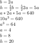 b=2a \\ h= \frac{5}{2} b= \frac{5}{2} 2a=5a \\ a*2a*5a=640 \\ 10a^{3} =640 \\ a^{3} =64 \\ a=4 \\ b=8 \\ h=20