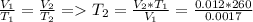 \frac{V_1}{T_1} = \frac{V_2}{T_2} = T_2= \frac{V_2*T_1}{V_1}= \frac{0.012*260}{0.0017}