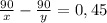 \frac{90}x-\frac{90}y=0,45