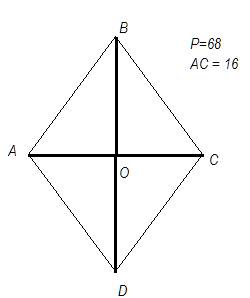 Перимет ромба равен 68 см , а одна из его диганалей равна 16 см . найти площаь ромба