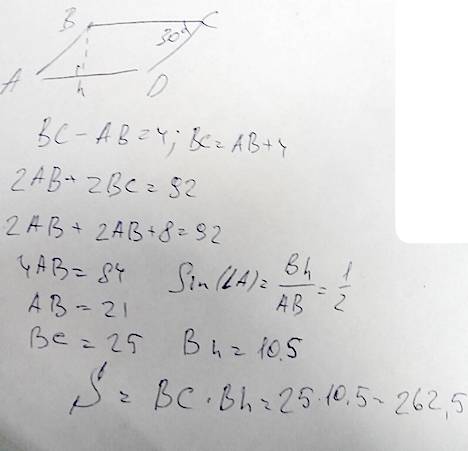 Abcd-прямоугольник угол а=30° р=92см bc-ab=4 s-?