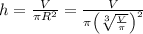 h=\frac{V}{\pi R^2}=\frac{V}{\pi\left(\sqrt[3]{\frac{V}\pi}\right)^2}