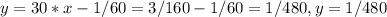 y=30*x-1/60=3/160-1/60=1/480,y=1/480