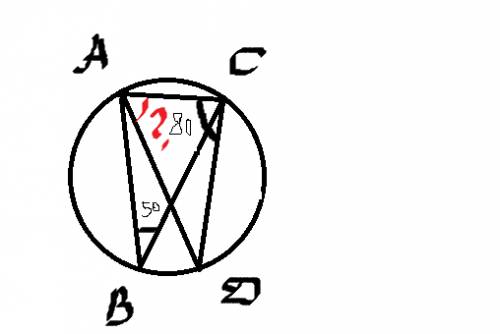Вокружности хорды ad и вс пересекаются. угол авс равен 50 градусов, а угол асd 80 градусов. найти уг