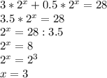 3*2^x+0.5*2^x=28 \\ &#10;3.5*2^x=28 \\ &#10;2^x=28:3.5 \\ &#10;2^x=8 \\ &#10;2^x=2^3 \\ &#10;x=3