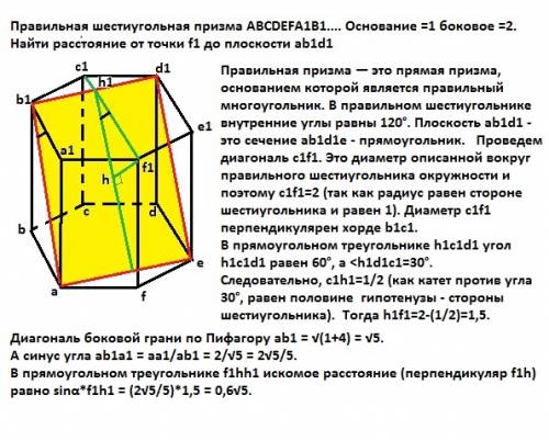 Правильная шестиугольная призма основание =1 боковое =2. найти расстояние от точки f1 до плоскости a