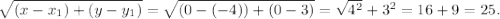 \sqrt{{(x-x_{1}})+(y- y_{1})}= \sqrt{(0-(-4))+(0-3)}= \sqrt{ 4^{2} }+3^{2}= 16+9=25.