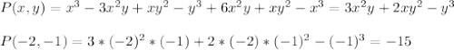 P(x,y)=x^3-3x^2y+xy^2-y^3+6x^2y+xy^2-x^3=3x^2y+2xy^2-y^3\\\\P(-2,-1)=3*(-2) ^2*(-1)+2*(-2)*(-1)^2-(-1)^3=-15