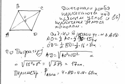 Найдите сторону ромба,если его диагонали равны 16 и 30 дм