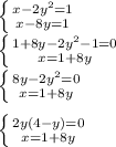 \left \{ {{x-2y^{2}=1} \atop {x-8y=1}} \right. \\ \left \{ {{1+8y-2y^{2}-1=0} \atop {x=1+8y}} \right. \\ \left \{ {{8y-2y^{2}=0} \atop {x=1+8y}} \right. \\ \\ \left \{ {{2y(4-y)=0} \atop {x=1+8y}} \right. \\