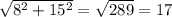 \sqrt{8^{2} + 15^{2} } = \sqrt{289} = 17