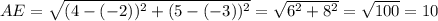 AE= \sqrt{(4-(-2))^2+(5-(-3))^2} = \sqrt{6^2+8^2}= \sqrt{100}=10