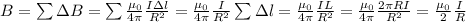 B = \sum \Delta B =\sum \frac{\mu_0}{4\pi} \frac{I \Delta l }{R^2} =\frac{\mu_0}{4\pi} \frac{I }{R^2}\sum\Delta l = \frac{\mu_0}{4\pi} \frac{IL}{R^2} = \frac{\mu_0}{4\pi} \frac{2\pi RI}{R^2} = \frac{\mu_0}{2} \frac{I}{R}