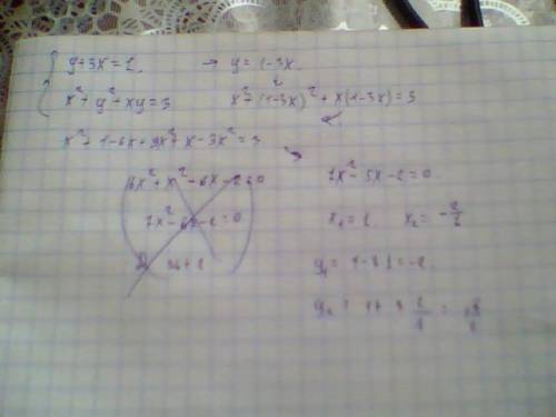 Решить систему уравнений подготовки: y+3x=1 x^2+y^2+xy=3