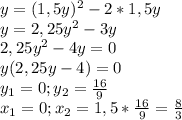 y=(1,5y)^2-2*1,5y\\y=2,25y^2-3y\\2,25y^2-4y=0\\y(2,25y-4)=0\\y_1=0;y_2=\frac{16}{9}\\x_1=0;x_2=1,5*\frac{16}{9}=\frac{8}{3}