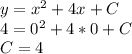 y=x^2+4x+C\\4=0^2+4*0+C\\C=4