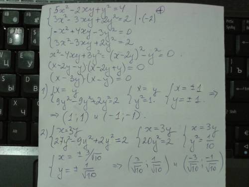 Решить систему 1)5x^2-2xy+y^2=4 2)3x^2-3xy+2y=2