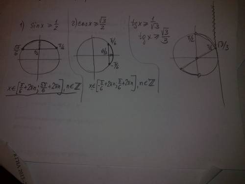 Решить неравенства ( с рисунком) 1)sin x => 1/2; 2)cos x => корень 3/2 3)tg x => 1/корень 3