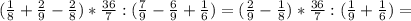 ( \frac{1}{8} + \frac{2}{9} - \frac{2}{8} ) * \frac{36}{7} : ( \frac{7}{9} - \frac{6}{9} + \frac{1}{6} ) = ( \frac{2}{9} - \frac{1}{8} ) * \frac{36}{7} : ( \frac{1}{9} + \frac{1}{6} ) =