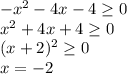 -x^2-4x-4 \geq 0\\&#10;x^2+4x+4 \geq 0\\&#10; (x+2)^2 \geq 0\\&#10;x=-2