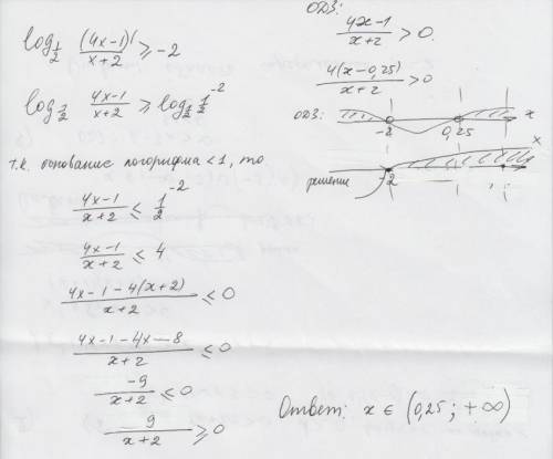 Решите неравенство log по основанию 1/2 от (4x-1)/(x+2)> =-2