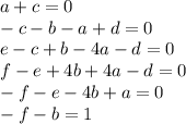 a+c=0\\&#10; -c-b-a+d=0\\&#10; e-c+b-4a-d=0 \\&#10; f-e+4b+4a-d=0\\ &#10; -f-e-4b+a=0\\ &#10; -f-b=1\\&#10; &#10; &#10;