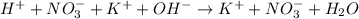 H^+ +NO_3^- +K^+ +OH^- \to K^+ +NO_3^- + H_2O