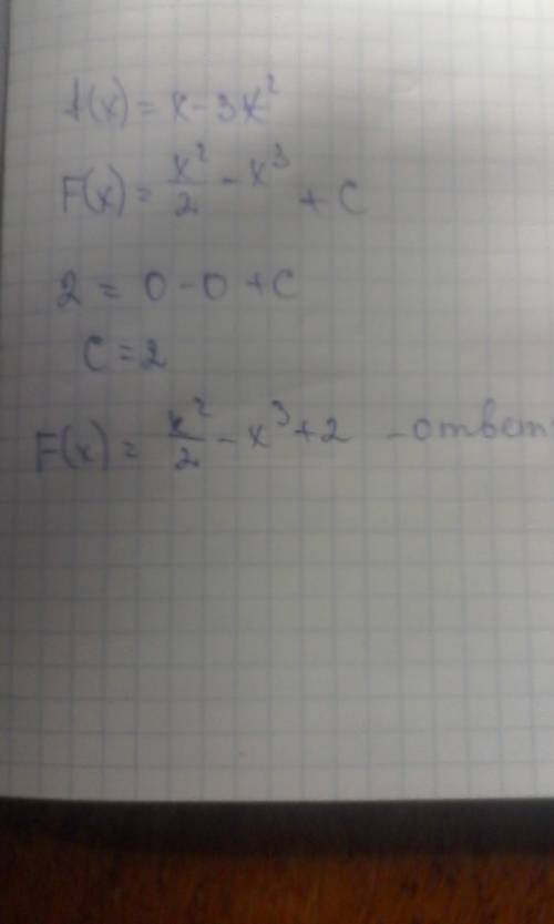 Для функции f(x)=x-3x^2 найдите первообразную , проходящую через точку (0; 2)