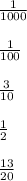 \frac{1}{1000} \\ \\ \frac{1}{100} \\ \\ \frac{3}{10} \\ \\ \frac{1}{2} \\ \\ \frac{13}{20}