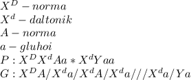 X^D - norma \\ X^d - daltonik \\ A - norma \\ a - gluhoi \\ P: X^DX^dAa * X^dYaa \\ G: X^DA/X^da/X^dA/X^da///X^da/ Ya \\