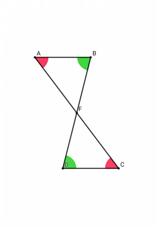 Втреугольниках abf и cdf стороны ab и dc равны и углы abf и cdf равны. определите, чему равен угол f