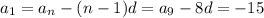 a_1=a_n-(n-1)d=a_9-8d=-15