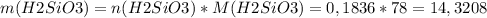 m(H2SiO3)=n(H2SiO3)*M(H2SiO3)=0,1836*78=14,3208